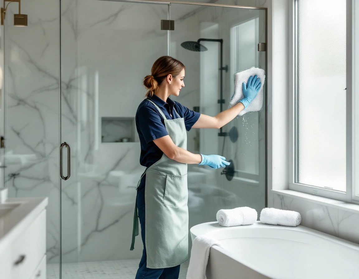 Housekeeper in gloves wiping a frameless glass shower beside a soaking tub during a deep cleaning