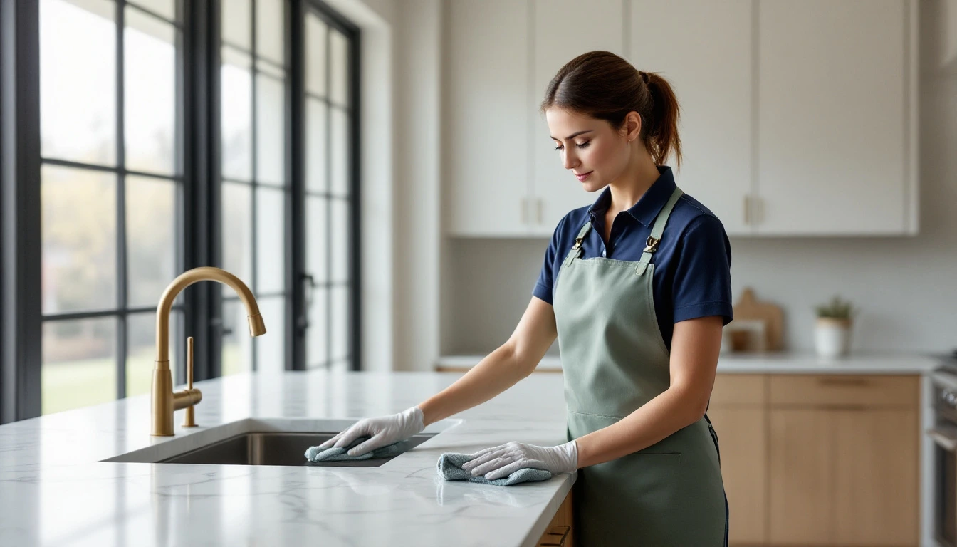 Aledo House Cleaning housekeeper in a navy polo and sage apron wiping a marble kitchen island in a bright modern Aledo home