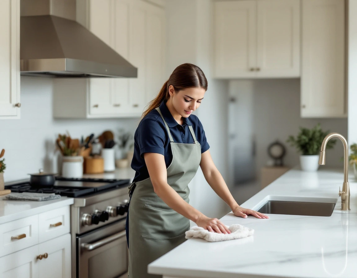Housekeeper polishing a stainless range hood and quartz countertop during a house cleaning in Aledo, TX