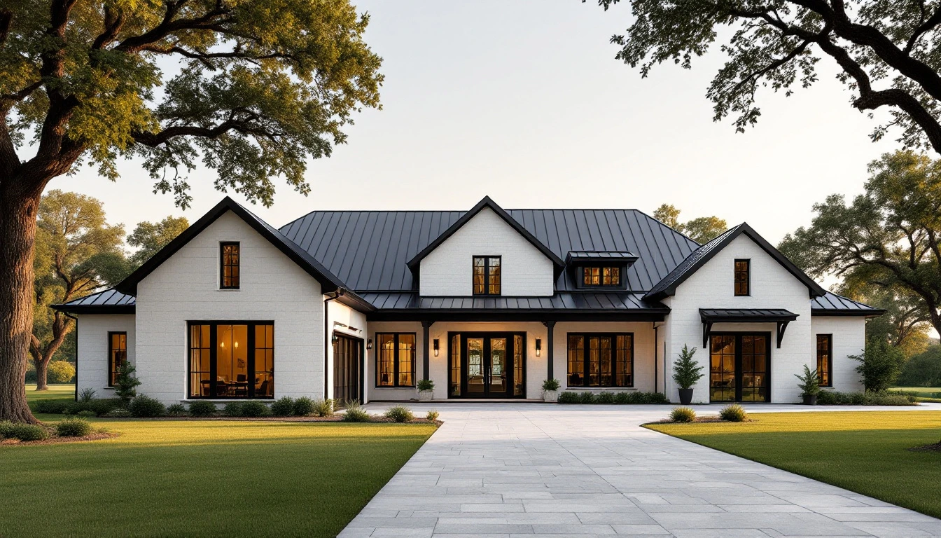 Modern farmhouse-style estate home with white limestone walls and live oak trees on an acreage lot near Aledo, Texas