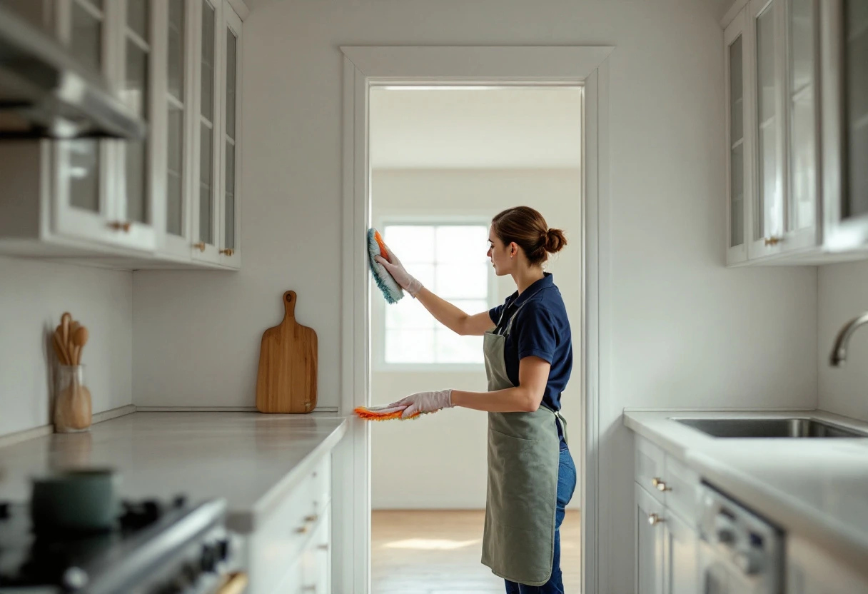 Housekeeper wiping the inside of empty kitchen cabinets in a vacant home during a move-out cleaning